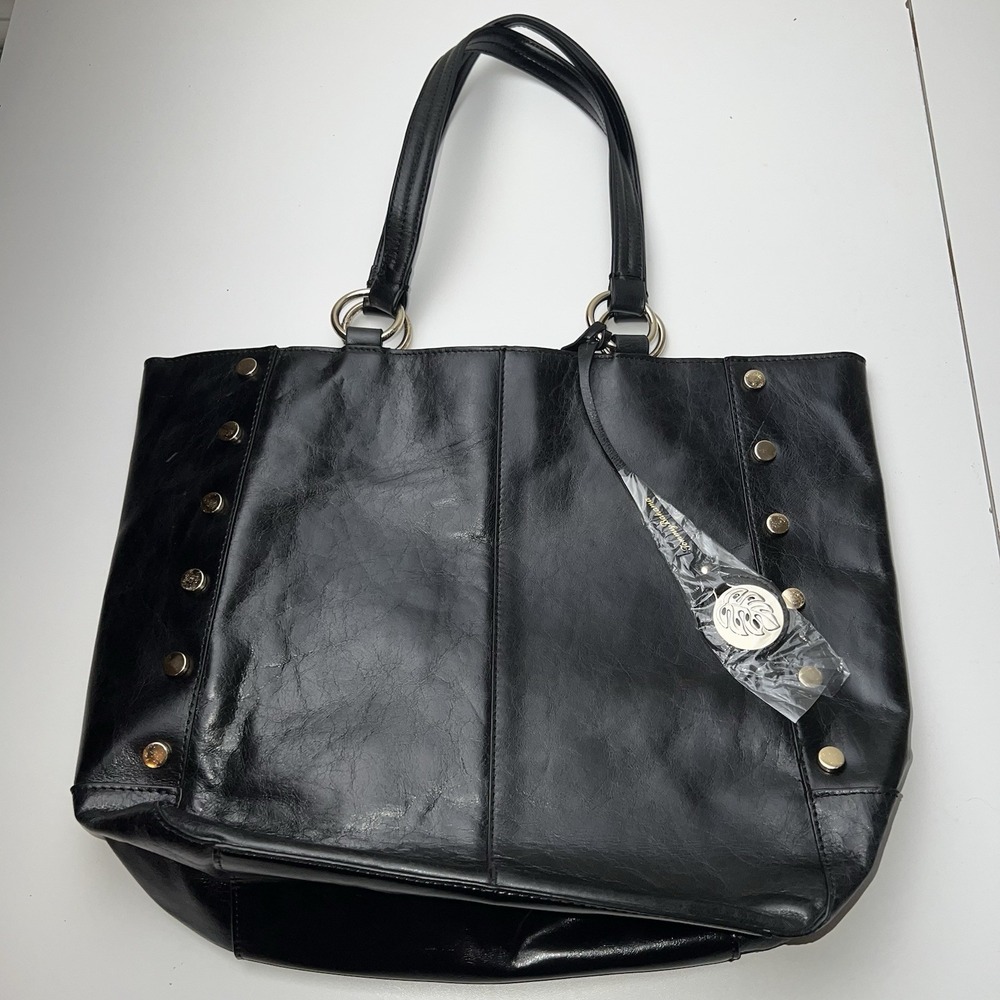Tommy Bahama Black Leather Studded Snap Close Tote Bag Purse